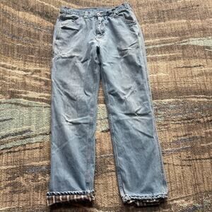 Men's Guide Gear Light Wash Flannel Lined Patched Blue Jeans Pants Sz 31 x 31